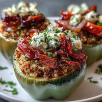 Vibrant quinoa stuffed bell peppers with roasted vegetables and creamy goat cheese, baked until tender and golden.  