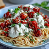 Creamy summer Caprese pasta with burrata and fresh basil, a vibrant delight.