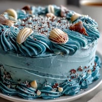 Cancer Zodiac Cake: moist vanilla, ocean blue buttercream, and edible shells.
